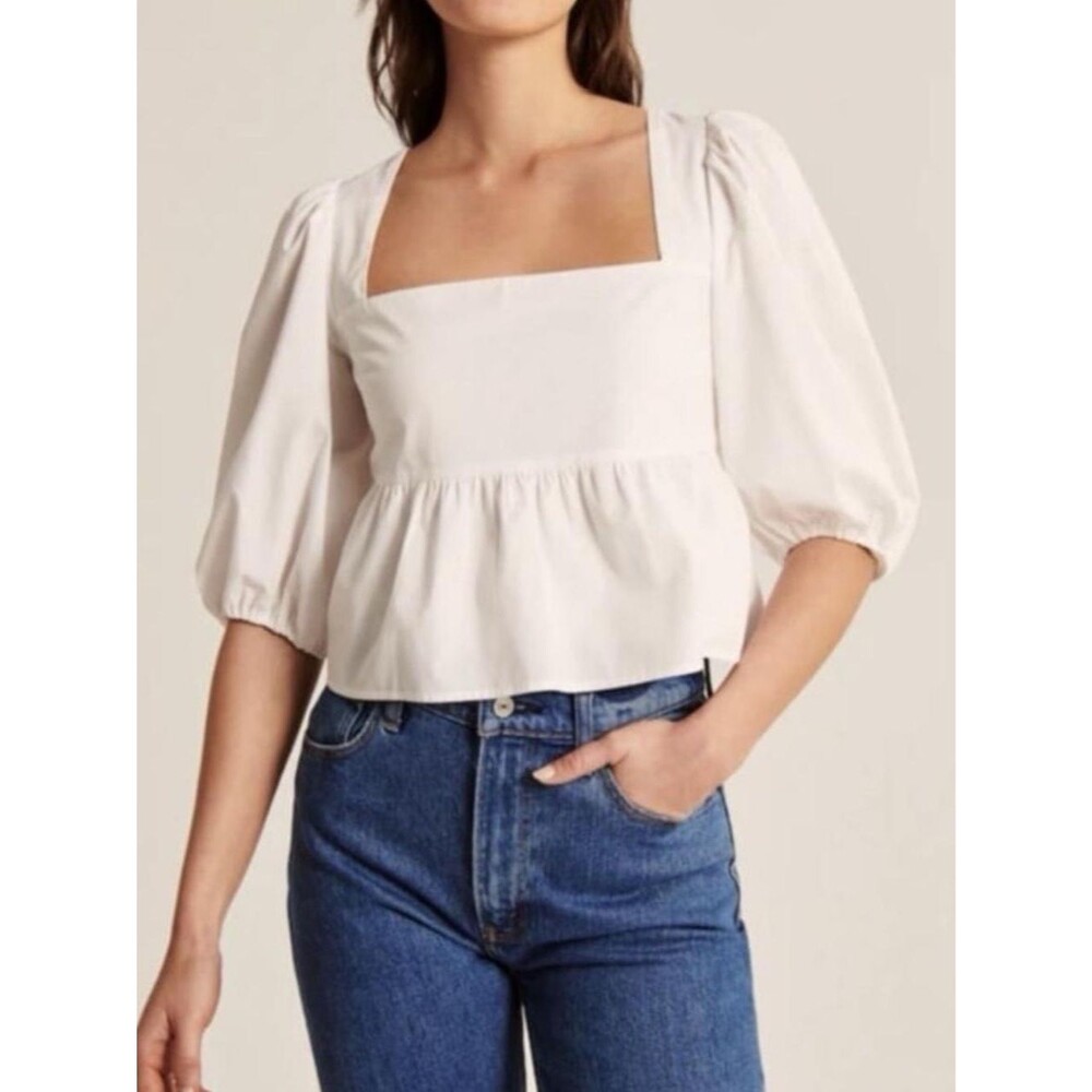 Abercrombie & Fitch Cotton Square-Neck Peplum Poplin Puff Sleeve Top White Med
